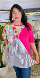 Floral, Pink, Stripe color block top