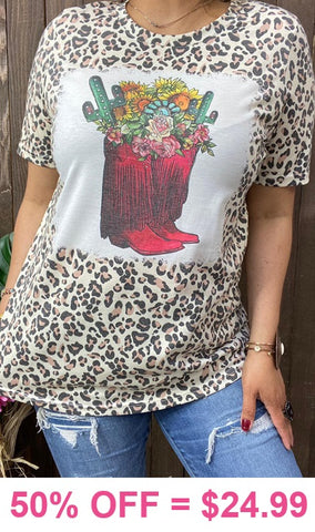 Leopard graphic tee with cowgirl boot design