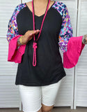 OFF..S, L, Black Top with purple leopard bell sleeves and pink ruffle trim