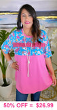 Pink Top with Blue Floral print & sequin stripe