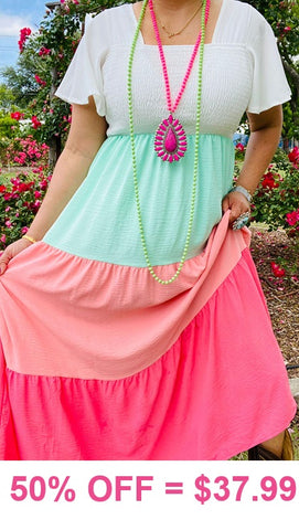 L, XL, 2X, 3X Multi Color Smocked Maxi Dress