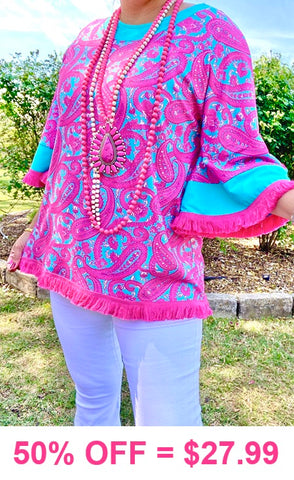Pink & Turquoise paisley bell sleeve blouse