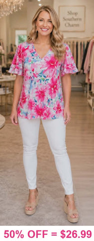 Pink floral printed top ruffle flutter sleeves