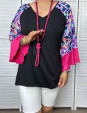 OFF..S, L, Black Top with purple leopard bell sleeves and pink ruffle trim
