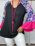 OFF..S, L, Black Top with purple leopard bell sleeves and pink ruffle trim