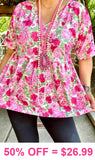 S, M, L, XL, Pink Rose baby doll top