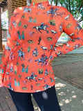 3X : Orange Western print SHEER long sleeve top
