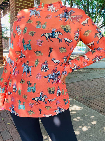 3X : Orange Western print SHEER long sleeve top