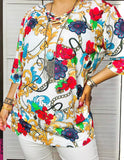 White Top with floral scroll print criss cross neck