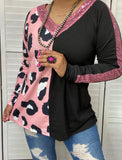 S, L, 2X, 3X Pink Leopard & Black long sleeve top with sequins