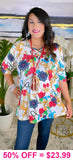 White Top With Floral Scroll Print Criss Cross Neck