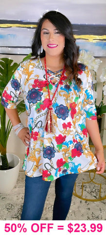 White Top With Floral Scroll Print Criss Cross Neck