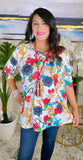 White Top with floral scroll print criss cross neck