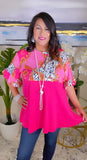 Pink top with leopard and scroll print ruffle sleeves