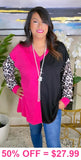 L, XL, 3X : Half Pink/Half Black top with leopard sleeves