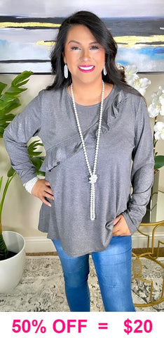 Storage Grey long sleeve top with ruffle