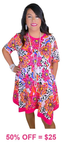 S, M, L Pink Flower, cheetah, dress with pockets
