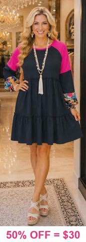 Black Dress with pink shoulders and printed sleeve