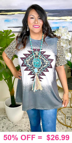 Tribal & TQ Concho Graphic Top With Leopard Sleeves