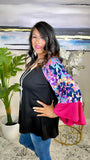 OFF..S, L, Black Top with purple leopard bell sleeves and pink ruffle trim