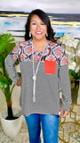 S, L, 2X Stripe & Pattern long sleeve top with pocket