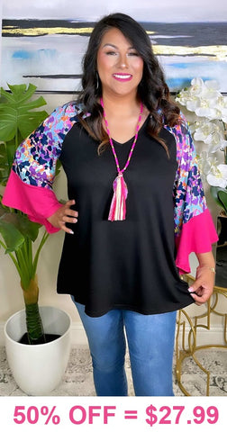 OFF..S, L, Black Top with purple leopard bell sleeves and pink ruffle trim