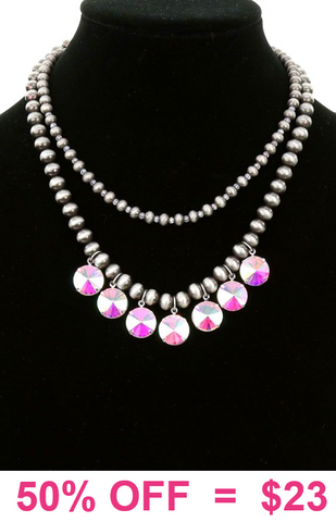 2 Layered Silver Navajo Pearl & Rhinestone Charm Necklace