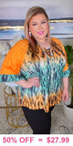 M, L : Orange & Turquoise Leopard top