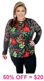 Holiday Floral top with Black lace sleeves