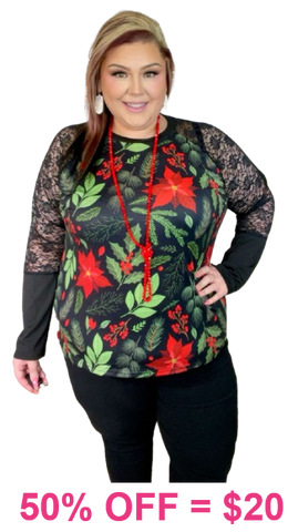 Holiday Floral top with Black lace sleeves
