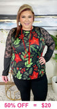 Holiday Floral top with Black lace sleeves