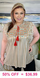 3X : Striped Sleeveless Top with Tribal Embroidery