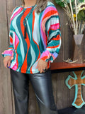 Green, Pink, Red swirl dolman sleeve top