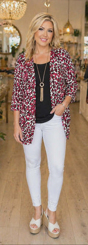 Maroon & Red Leopard drape front cardigan