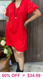 L, 2X, 3X Red Dress with pearl bubble sleeves