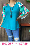 S, M, L, 2X Teal top with printed bell sleeves