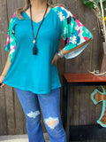 S, M, L, 2X Teal top with printed bell sleeves