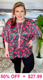 S, M, L : Pink abstract flower bell sleeve blouse