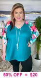 S, M, L, 2X Teal top with printed bell sleeves