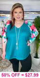 S, M, L, 2X Teal top with printed bell sleeves