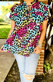Colorful Leopard ruffle sleeve top