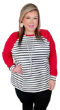 2X/3X : Striped top with red long sleeves