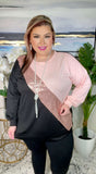 Blush, Sequin, Black diagonal color block long sleeve