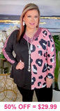 S, L, 2X, 3X Pink Leopard & Black long sleeve top with sequins