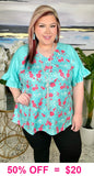 STPRAGE Turquoise floral bell sleeve top