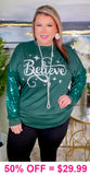 2X, 3X : Believe top with green sequin sleeves