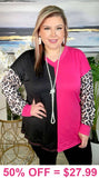 L, XL, 3X : Half Pink/Half Black top with leopard sleeves