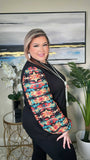 Black Waffle Knit Top With Printed Bubble Sleeves
