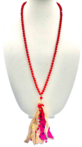 Red crystal necklace with fabric tassel