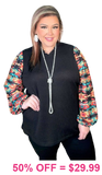 Black Waffle Knit Top With Printed Bubble Sleeves